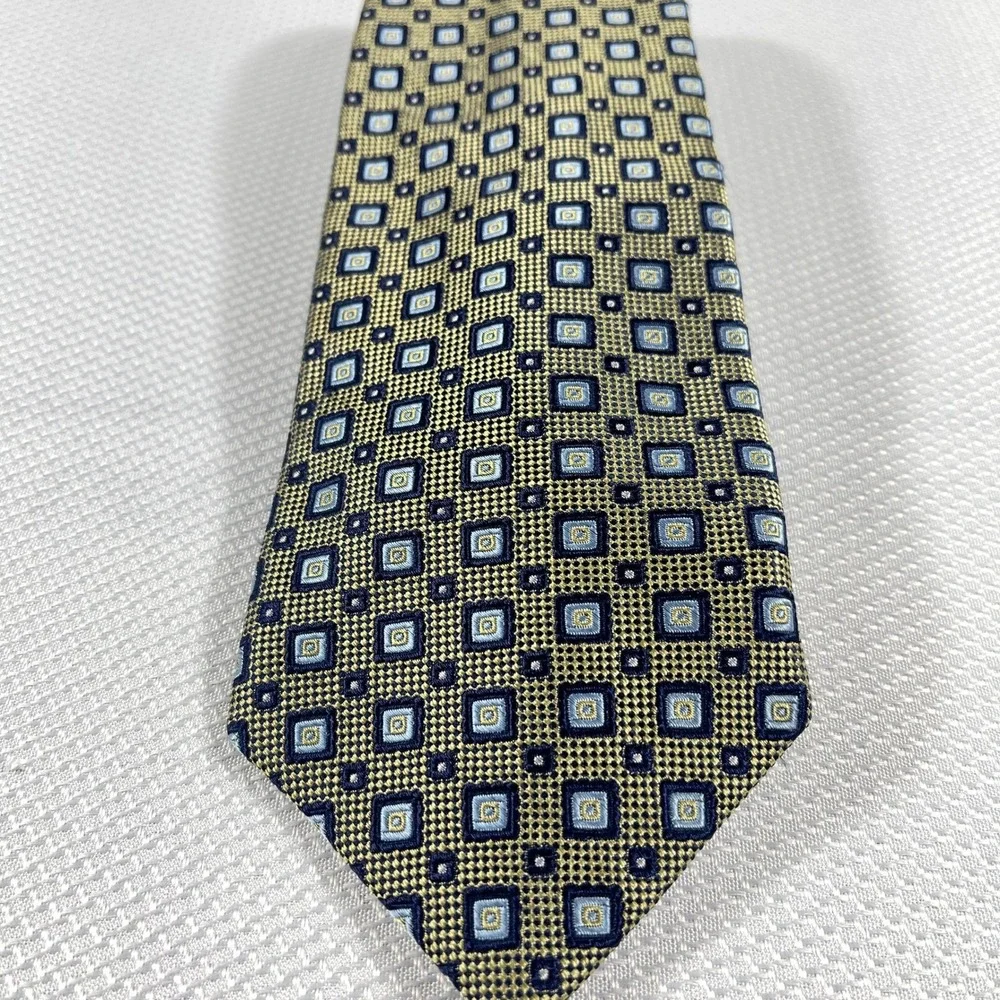 Bruno Piattelli Extra Long Silk Tie Gold Blue Geometric‎ Square Pattern USA Made